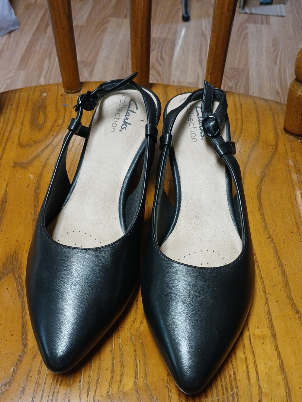 Clarks Black Pointed Slingback Flats with Adjustable Strap